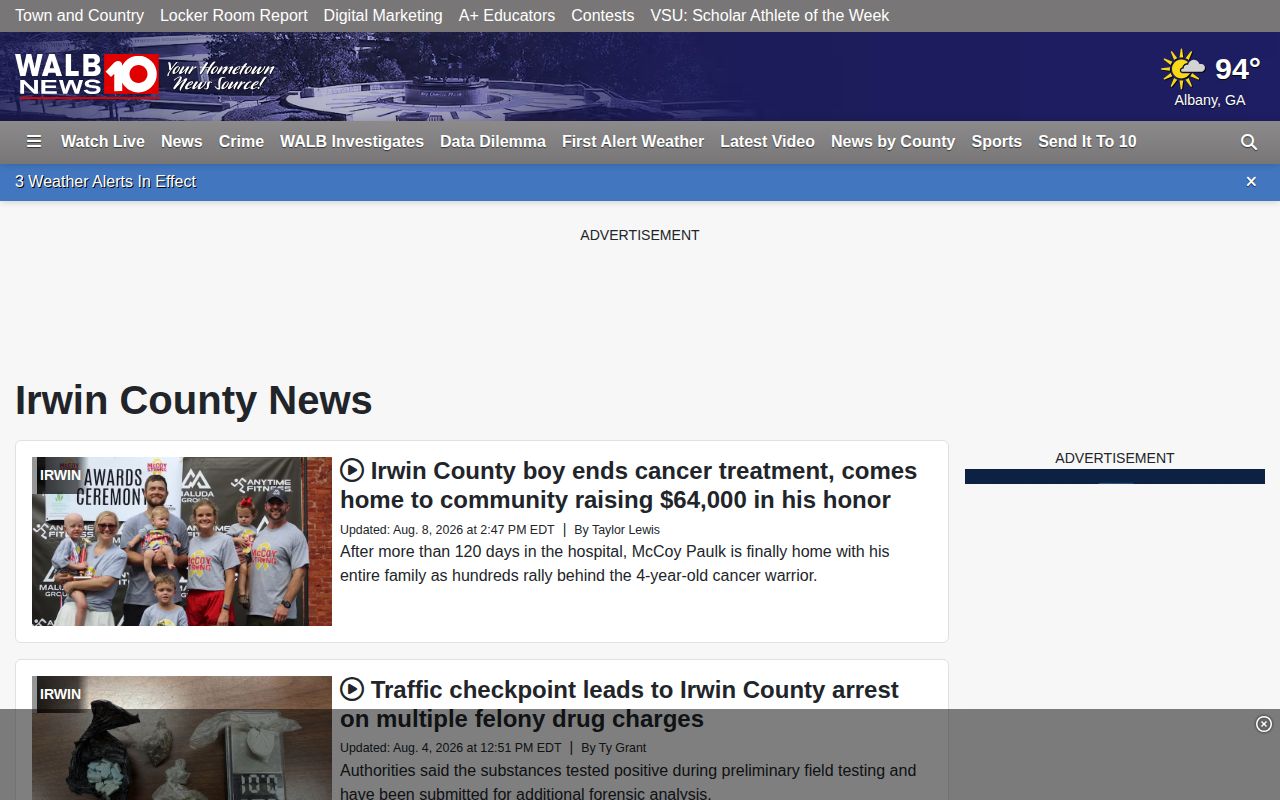 WALB Irwin County crime news landing page with event-driven local reporting