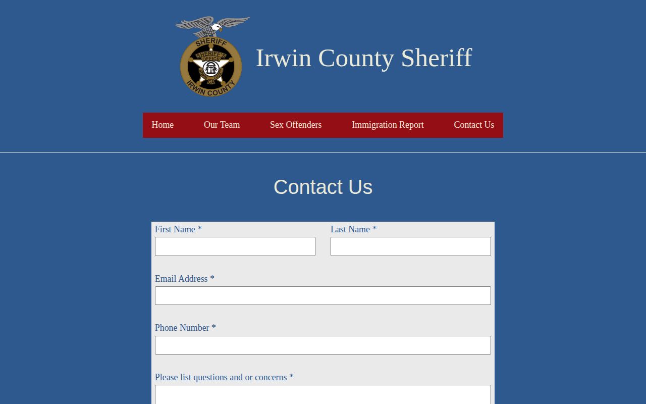Irwin County Sheriff contact page for booking records and jail information